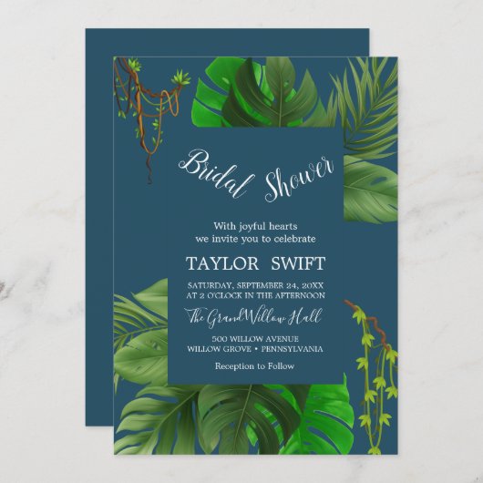 Wilde Tropische Palm | Navy Blauwe Bruidsmeisjes B Kaart (Voorkant / Achterkant)