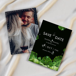 Wilde tropische palmbladeren & moderne trouwfoto save the date