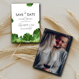 Wilde tropische palmbladeren & moderne trouwfoto save the date