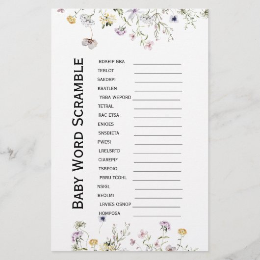 Wilde tuinbloei Baby shower Word Scramble (Voorkant)