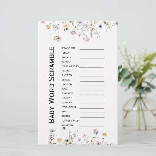 Wilde tuinbloei Baby shower Word Scramble (Staand voorkant)