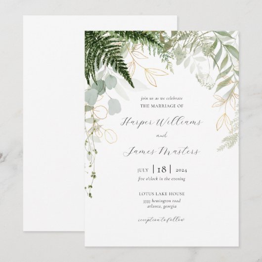 Wilde varen groen en gouden bruiloft kaart (Voorkant / Achterkant)