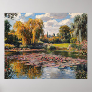 Wilde vijgenboom en waterlelies landschapsschilder poster