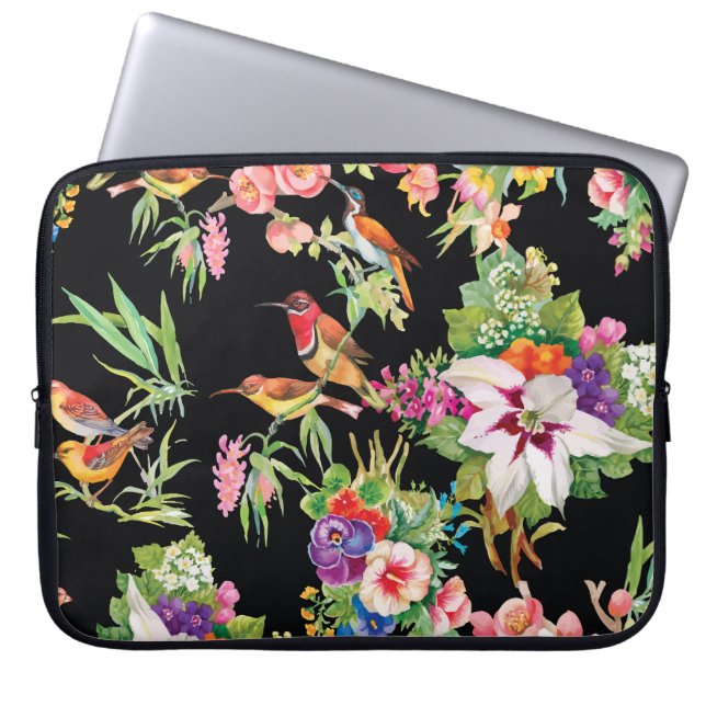 Wilde vogelbloemen: zwart  laptop sleeve (Voorkant)