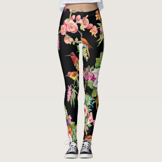 Wilde vogelbloemen: zwart  leggings (Voorkant)