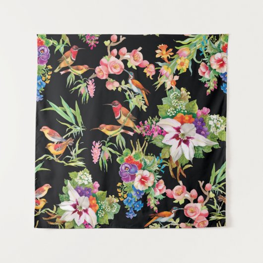 Wilde vogelbloemen: zwart wandkleed (Voorkant)