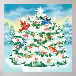 Wilde vogels in Natuur met kerstbomen met sterretj Poster