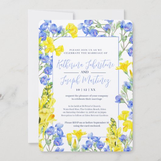 Wilde waterverf met blauwe  botanische bruiloft kaart (Voorkant)