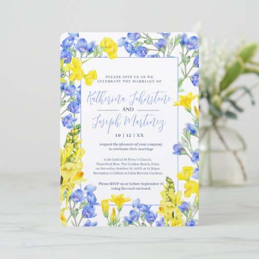 Wilde waterverf met blauwe  botanische bruiloft kaart (Staand voorkant)