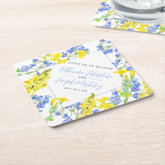 Wilde waterverf met blauwe botanische bruiloft kartonnen onderzetters (Schuin)