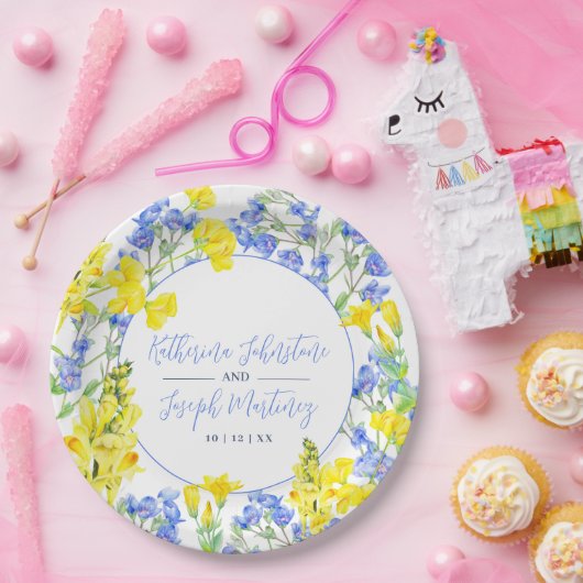 Wilde waterverf met blauwe  botanische bruiloft papieren bordje (Feest)