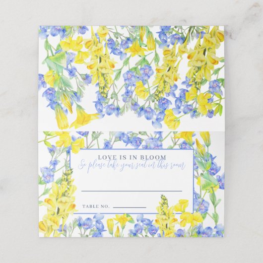 Wilde waterverf met blauwe  botanische bruiloft plaatskaartje (Buitenkant ongevouwen)