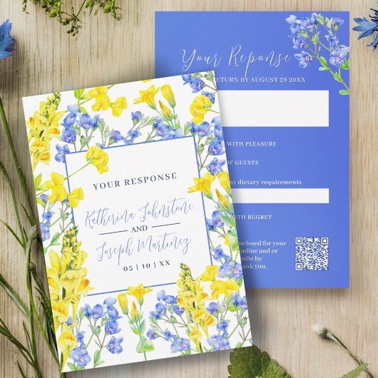 Wilde waterverf met blauwe botanische bruiloft RSVP kaartje