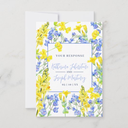 Wilde waterverf met blauwe  botanische bruiloft RSVP kaartje (Voorkant)