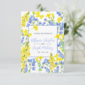 Wilde waterverf met blauwe  botanische bruiloft RSVP kaartje (Staand voorkant)