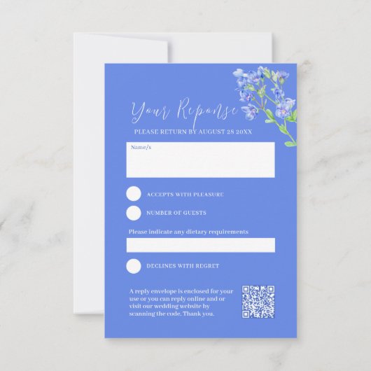 Wilde waterverf met blauwe  botanische bruiloft RSVP kaartje (Achterkant)