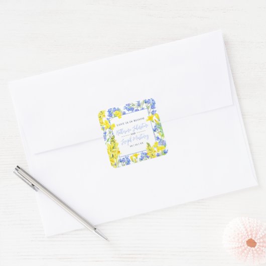 Wilde waterverf met blauwe botanische bruiloft vierkante sticker (Envelop)