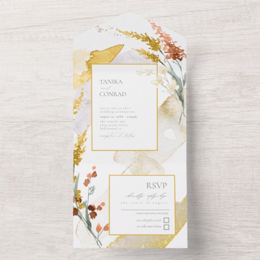 Wilde Waterverf van het Bouw Wedding Gold ID954 All In One Uitnodiging (Binnen)