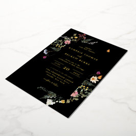 Wilde Weide Bloemboog Frame Zwart Bruiloft Folie Uitnodiging