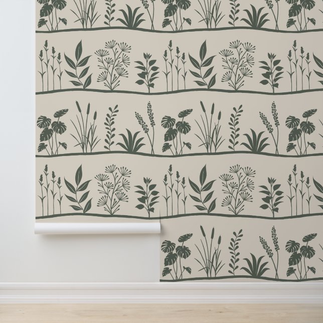 Wilde Weide Minimalistische Botanische Silhouet Behang (Applicatie)