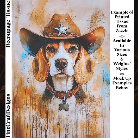 Wilde West Beagle Hond in Cowboyhoed EY4 Découpage Tissuepapier