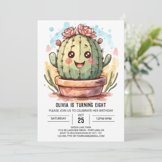 Wilde West Elegante Waterverf Cactus Meisje Verjaa Kaart (Staand voorkant)