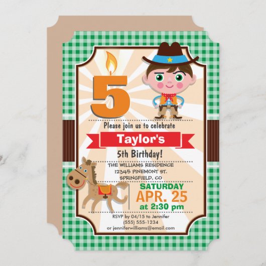 Wilde West Sheriff Jongen; Groene Verjaardagsfeest Kaart (Voorkant / Achterkant)