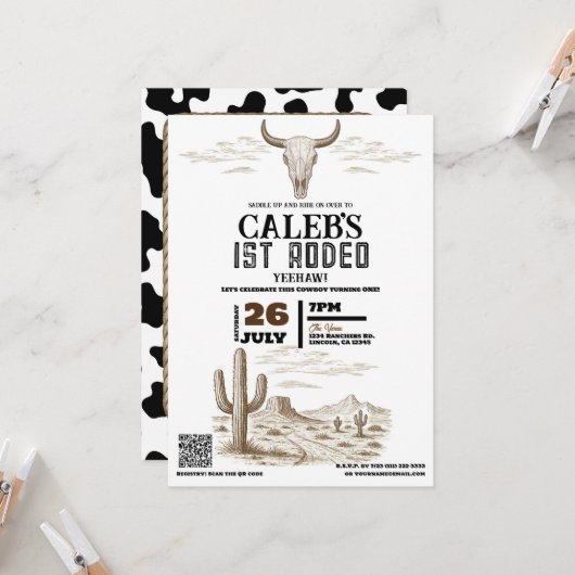 Wilde Westen Western 1e Rodeo Verjaardagsfeest Kaart (Voorkant / Achterkant in situ)
