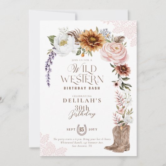 Wilde Westerne Verjaardag Waterverf Floral Cowgirl Kaart (Voorkant)