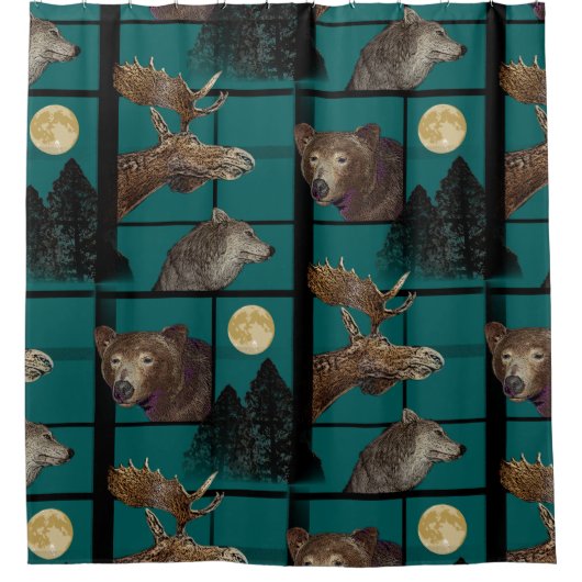 Wilde wilde natuur, Beer, Wolf, Moose en Moon Douchegordijn (Voorkant)