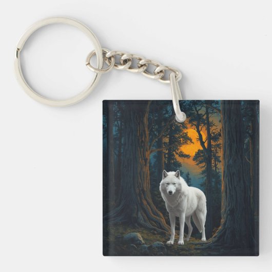 Wilde Witte Wolf Onder Maneschijn Bosdier Sleutelhanger (voorkant)