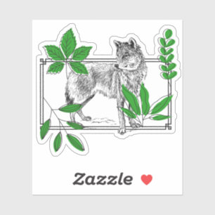 Wilde Wolf & Groene Bladeren - Natuurkunst Sticker