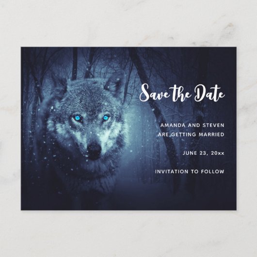 Wilde Wolf met mooie blauwe ogen Sparen de Datum Uitnodiging Briefkaart (Voorkant)