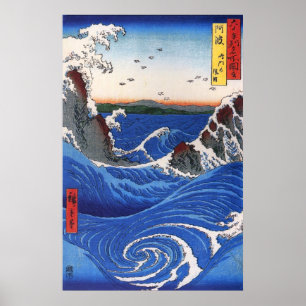Wilde zee die op de rotsen breekt, Hiroshige Poster