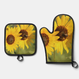 Wilde Zonnebloemen en Bijen Boerderij Stijl Ovenwant & Pannenlap Set
