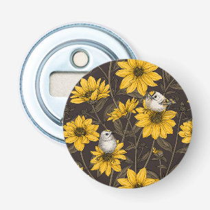 Wilde zonnebloemen en goudkam vogels / geel button flesopener