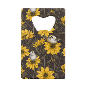 Wilde zonnebloemen en goudkam vogels / geel creditkaart flessenopener