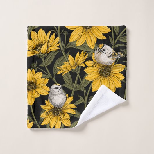 Wilde zonnebloemen en goudkam vogels / geel en gr bad handdoek (Wasdoekje)
