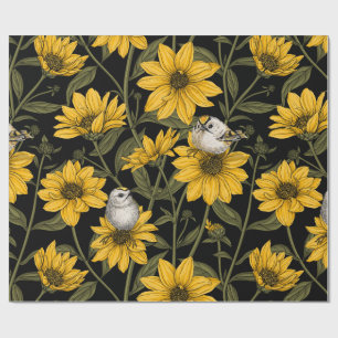 Wilde zonnebloemen en goudkam vogels / geel en gr cadeaupapier