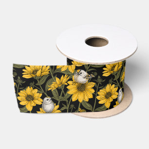 Wilde zonnebloemen en goudkam vogels / geel en gr satijnen lint