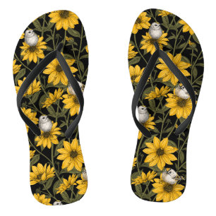 Wilde zonnebloemen en goudkam vogels / geel en gr teenslippers