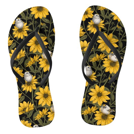 Wilde zonnebloemen en goudkam vogels / geel en gr teenslippers (Voetbed)