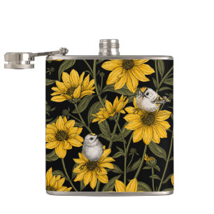 Wilde zonnebloemen en goudkam vogels / geel heupfles