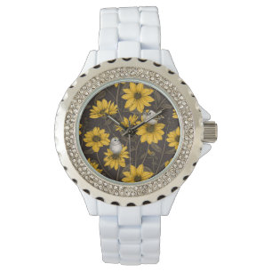 Wilde zonnebloemen en goudkam vogels / geel horloge