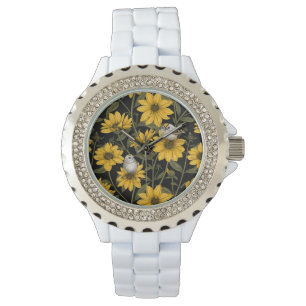 Wilde zonnebloemen en goudkam vogels / geel horloge