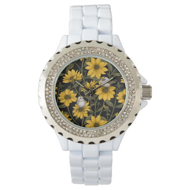 Wilde zonnebloemen en goudkam vogels / geel horloge (Voorkant)