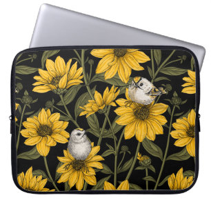 Wilde zonnebloemen en goudkam vogels / geel laptop sleeve