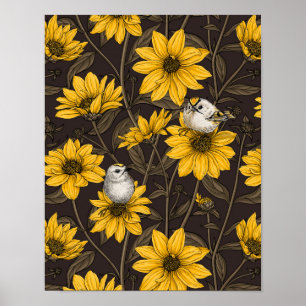 Wilde zonnebloemen en goudkam vogels / geel poster