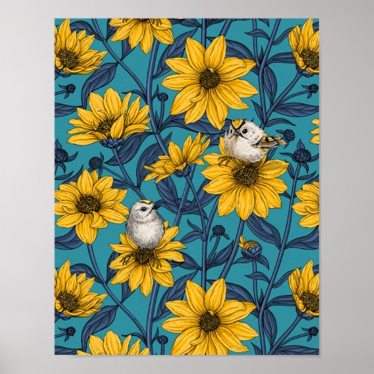 Wilde zonnebloemen en goudkam vogels / geel poster (Voorkant)