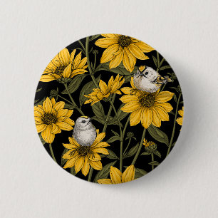 Wilde zonnebloemen en goudkam vogels / geel ronde button 5,7 cm